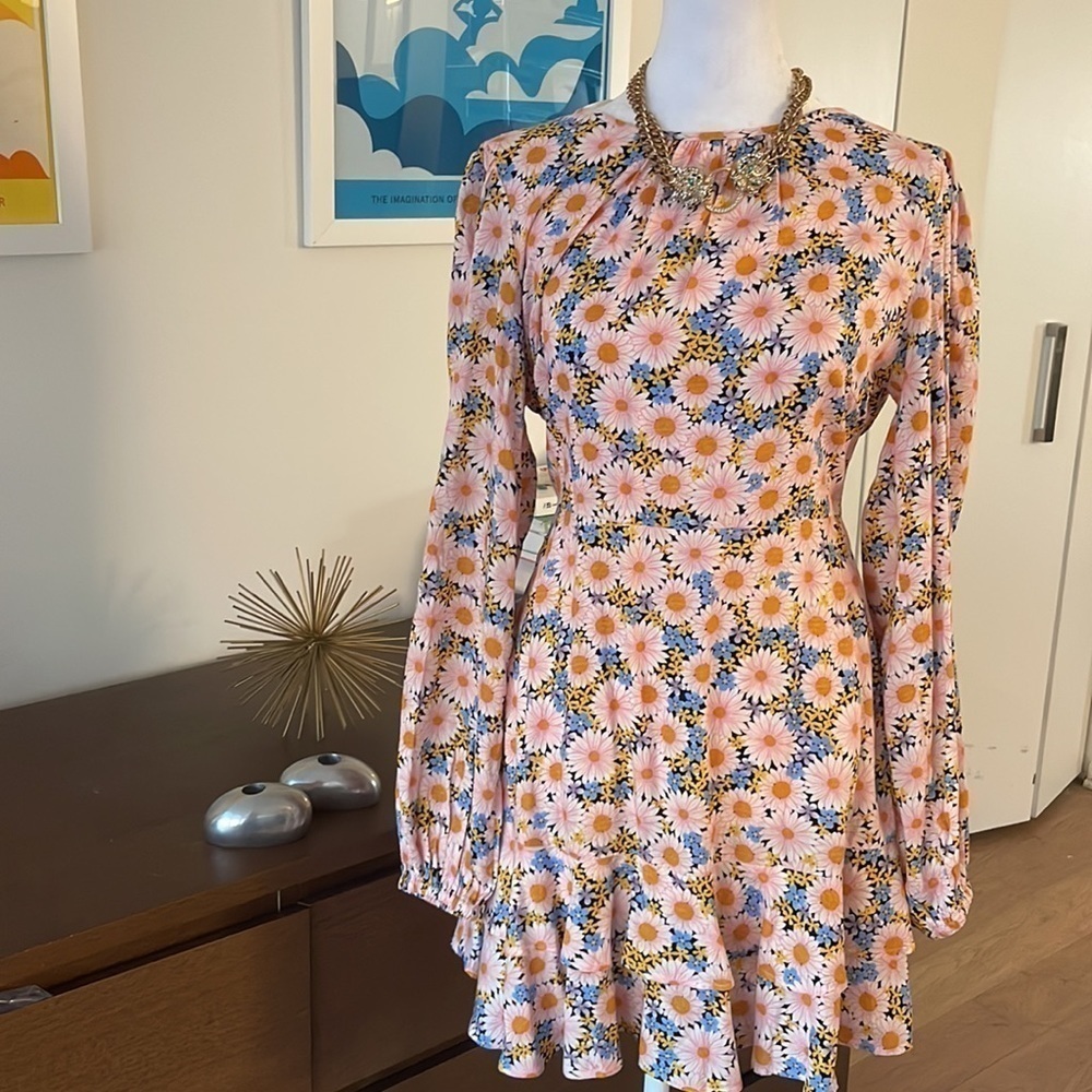 Miss Selfridge Floral Mini Dres Long Sleeve Slit Back - Picture 7 of 9